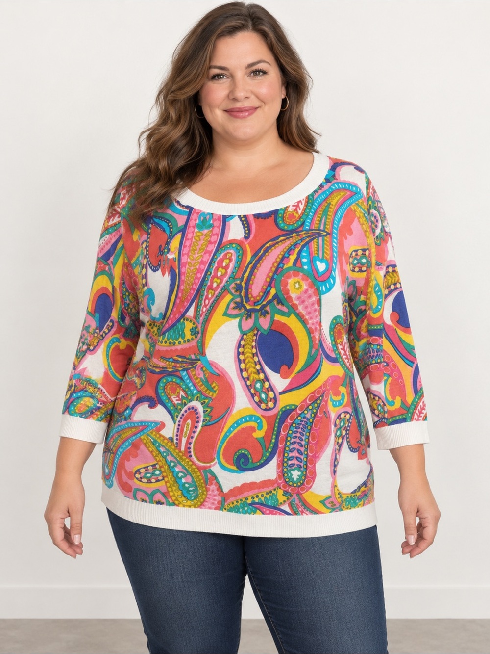 Talbots Plus Size 1X Multicolor Paisley 100% Cotton Sweater